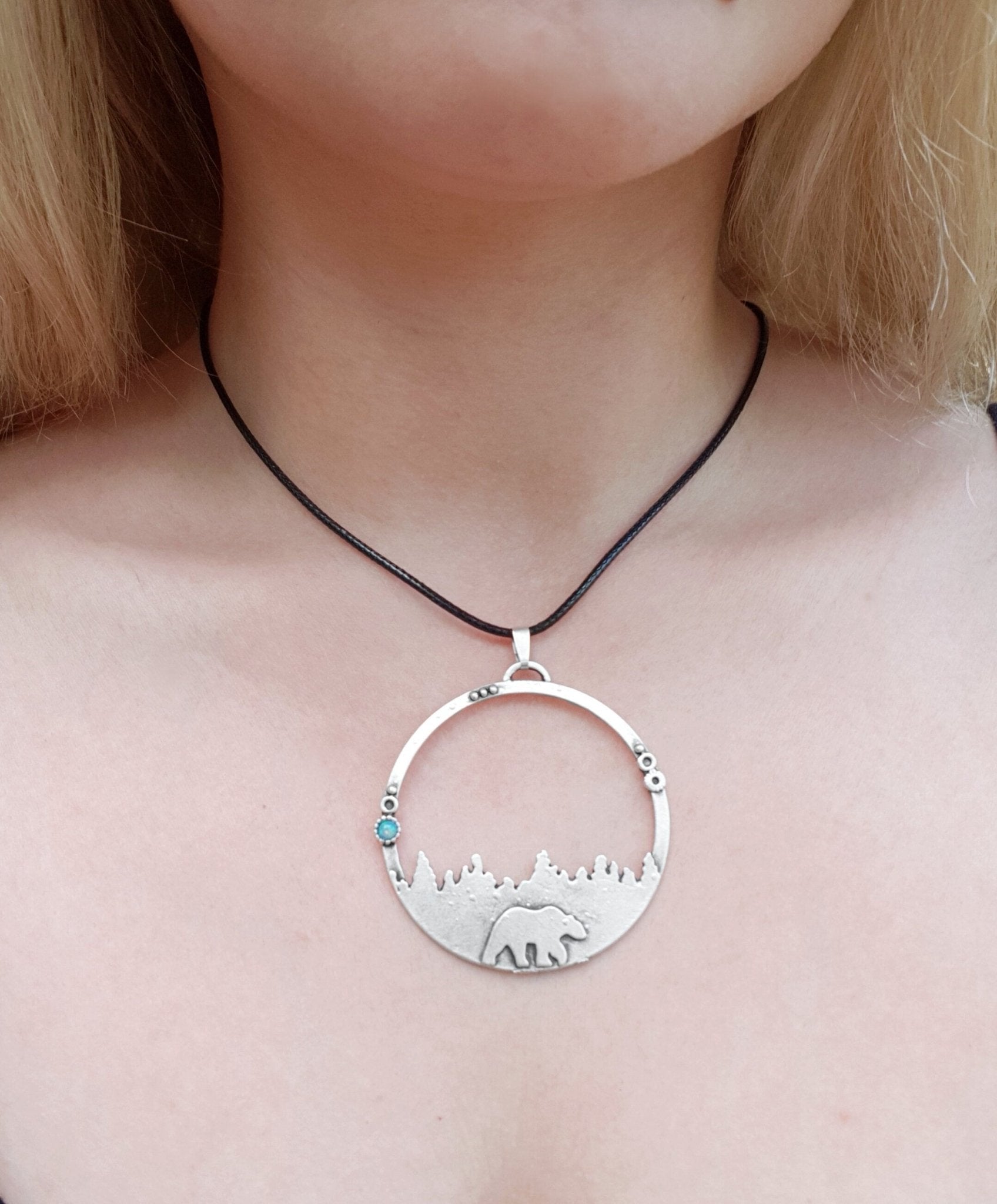 Polar Bear Necklace: Arctic Opal Pendant, Silver Plated - LunarGem - 