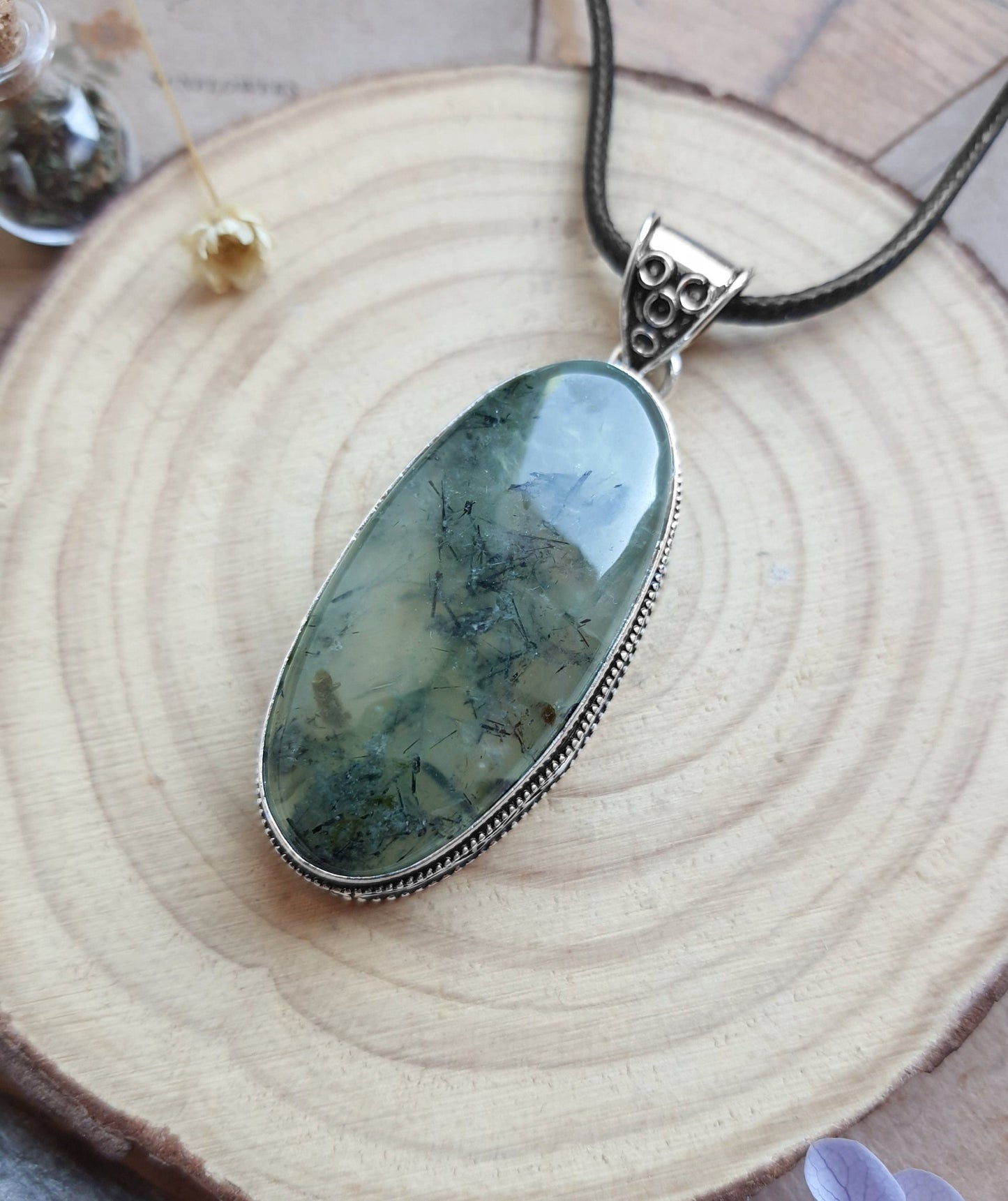 Prehnite Gemstone Sterling Silver Pendant: Boho Statement Jewelry - LunarGem - 