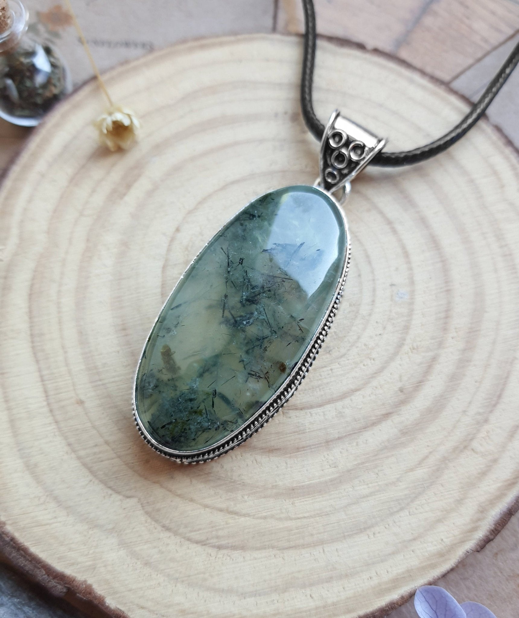 Prehnite Gemstone Sterling Silver Pendant: Boho Statement Jewelry - LunarGem - 
