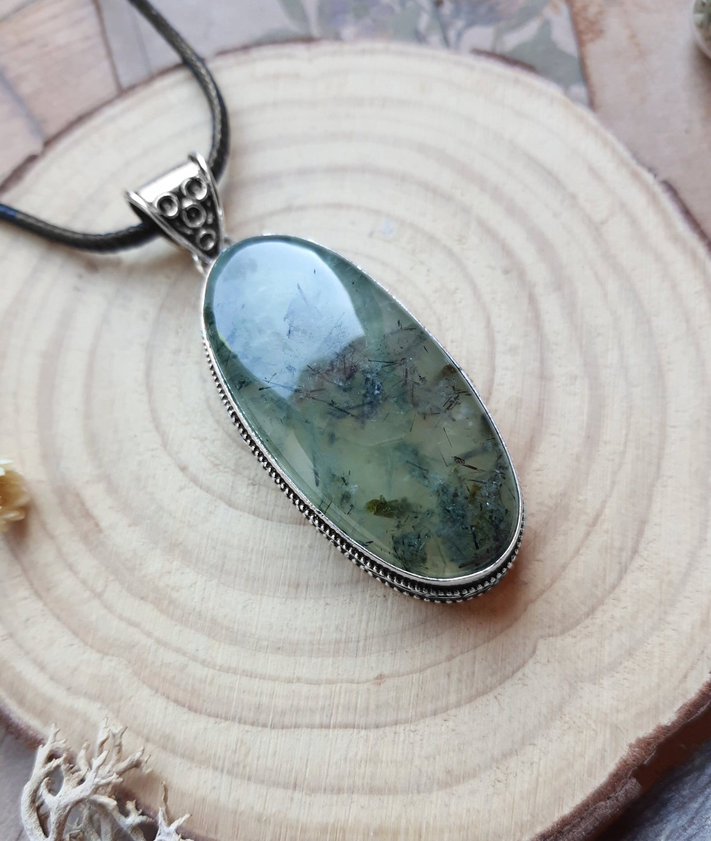 Prehnite Gemstone Sterling Silver Pendant: Boho Statement Jewelry - LunarGem - 