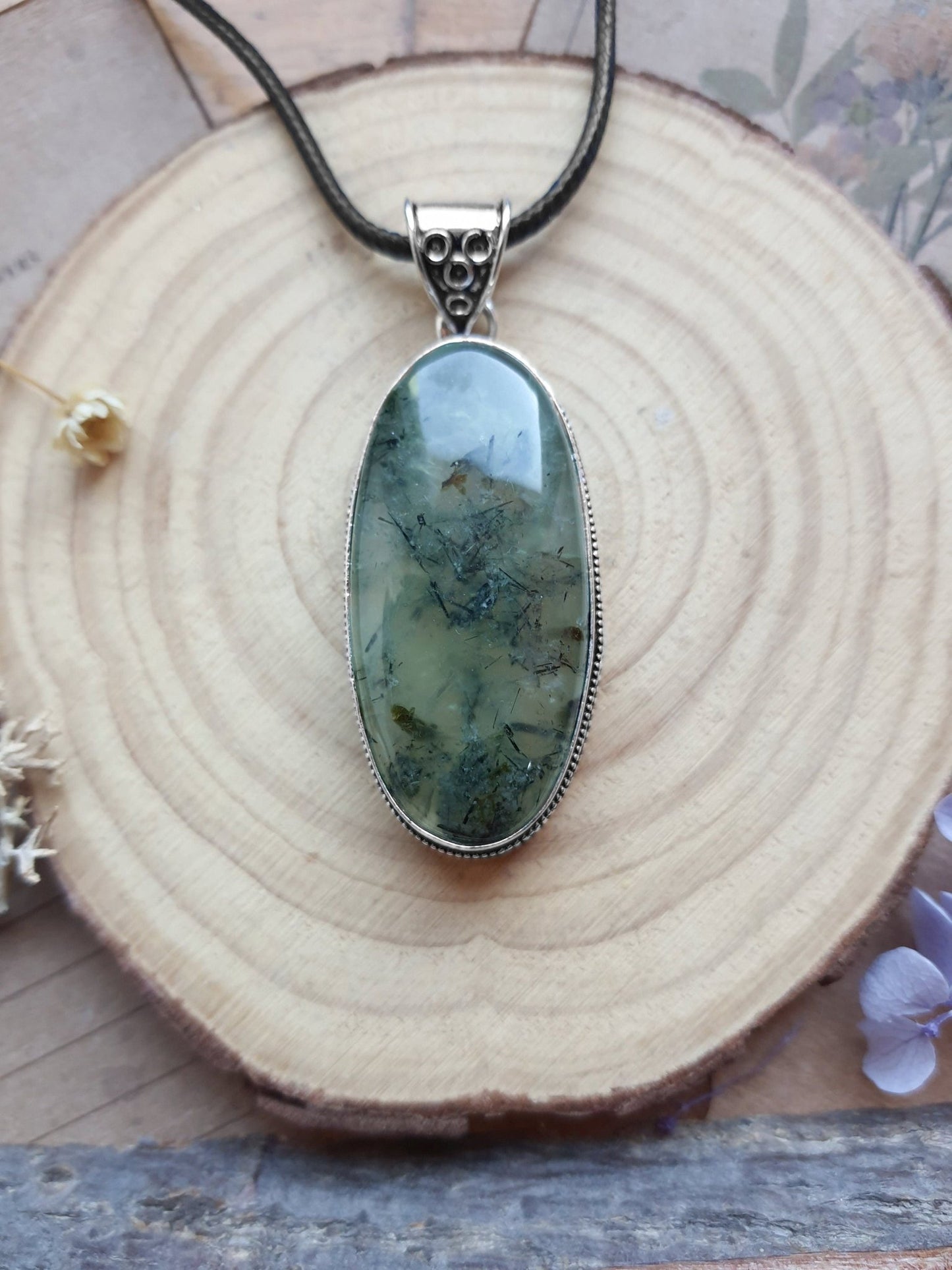 Prehnite Gemstone Sterling Silver Pendant: Boho Statement Jewelry - LunarGem - 