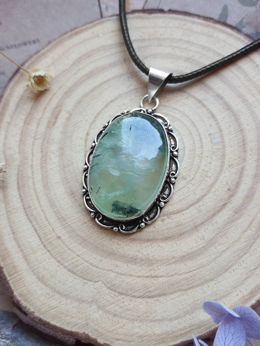 Prehnite Pendant In Sterling Silver, Boho Statement Necklace - LunarGem - 