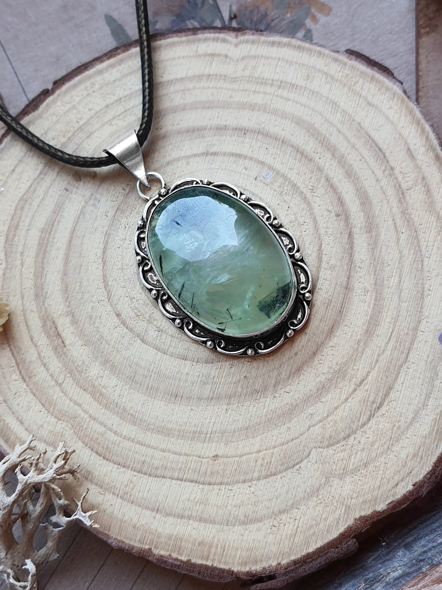Prehnite Pendant In Sterling Silver, Boho Statement Necklace - LunarGem - 