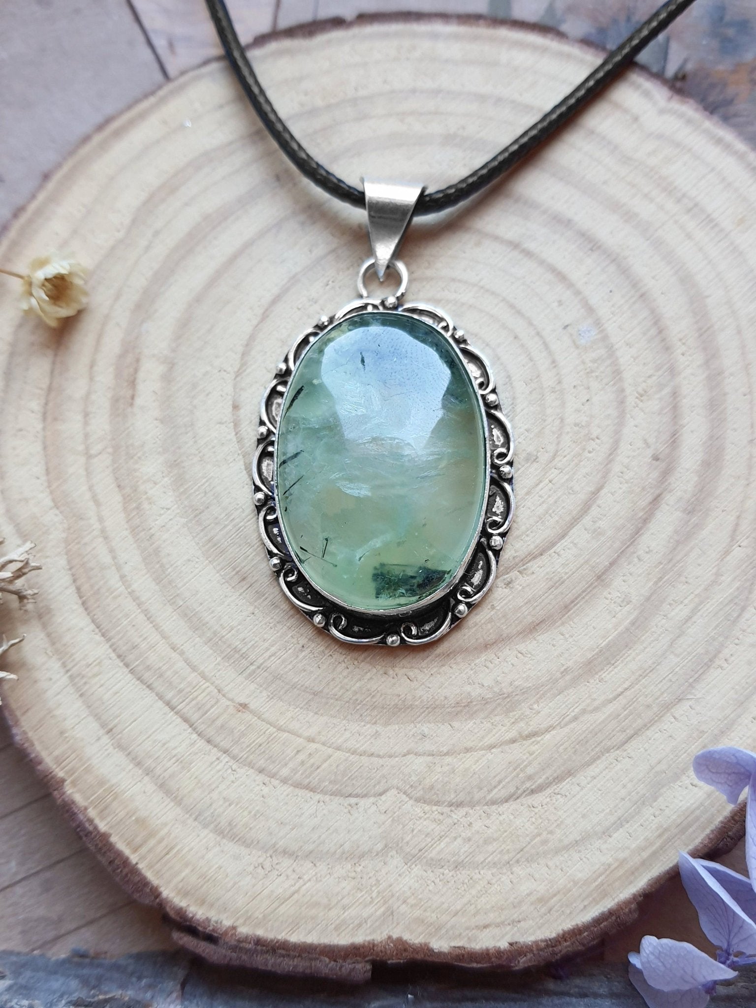 Prehnite Pendant In Sterling Silver, Boho Statement Necklace - LunarGem - 