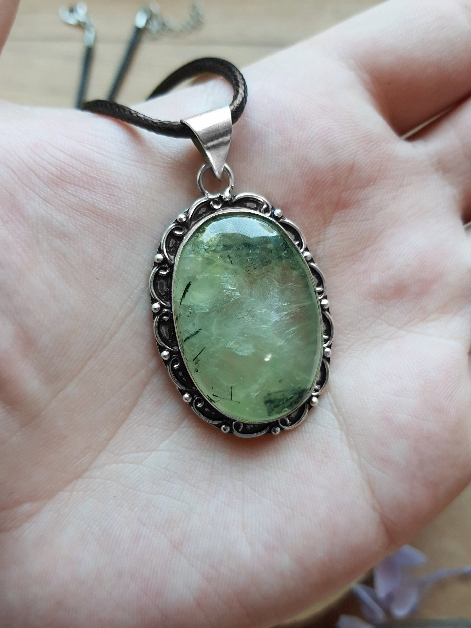 Prehnite Pendant In Sterling Silver, Boho Statement Necklace - LunarGem - 