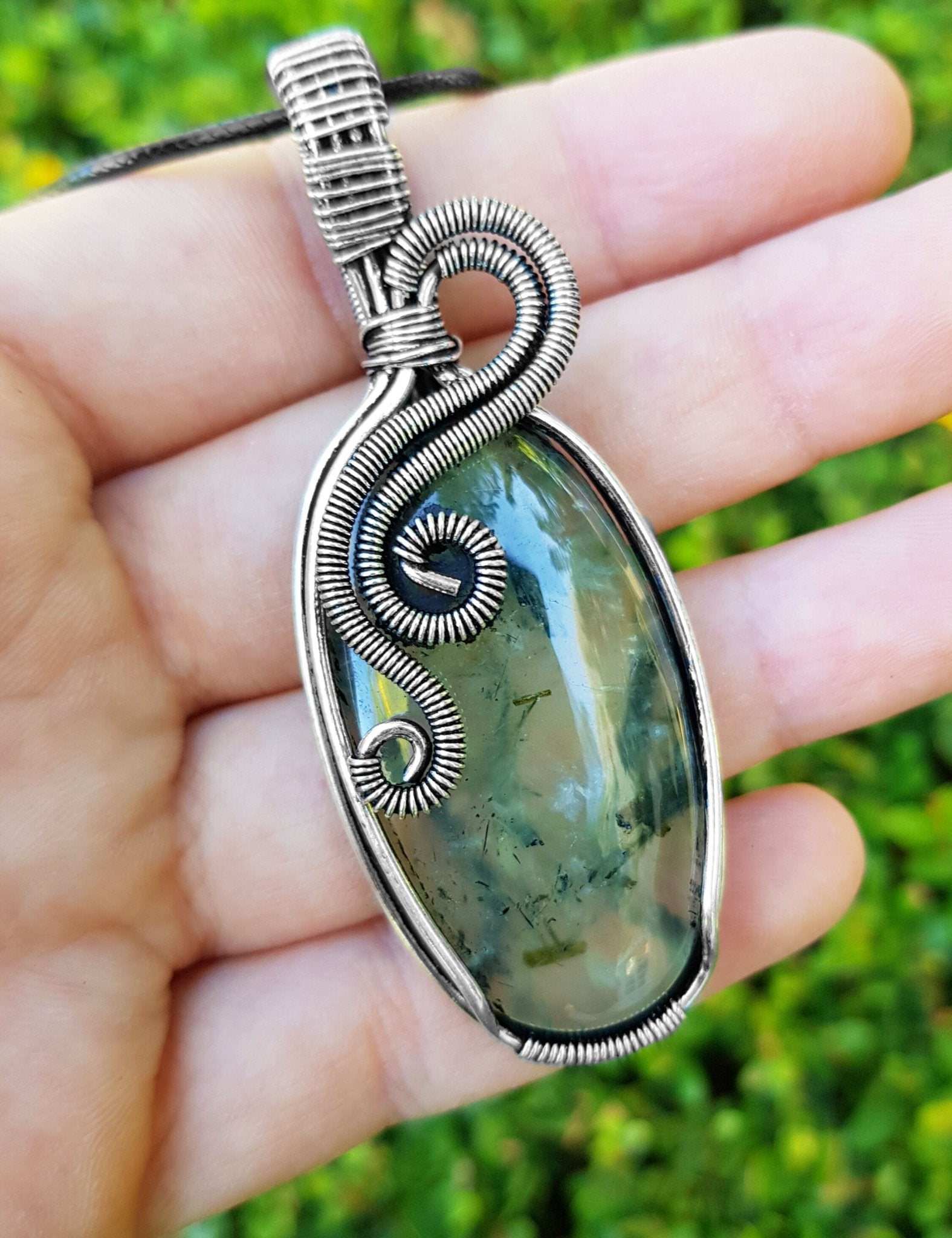 Prehnite Pendant Wire Wrapped Necklace In Sterling Silver One Of A Kind Handmade Jewellery - LunarGem - Charms & Pendants