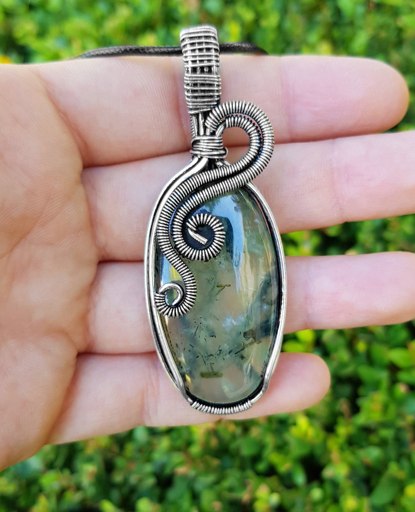 Prehnite Pendant Wire Wrapped Necklace In Sterling Silver One Of A Kind Handmade Jewellery - LunarGem - Charms & Pendants