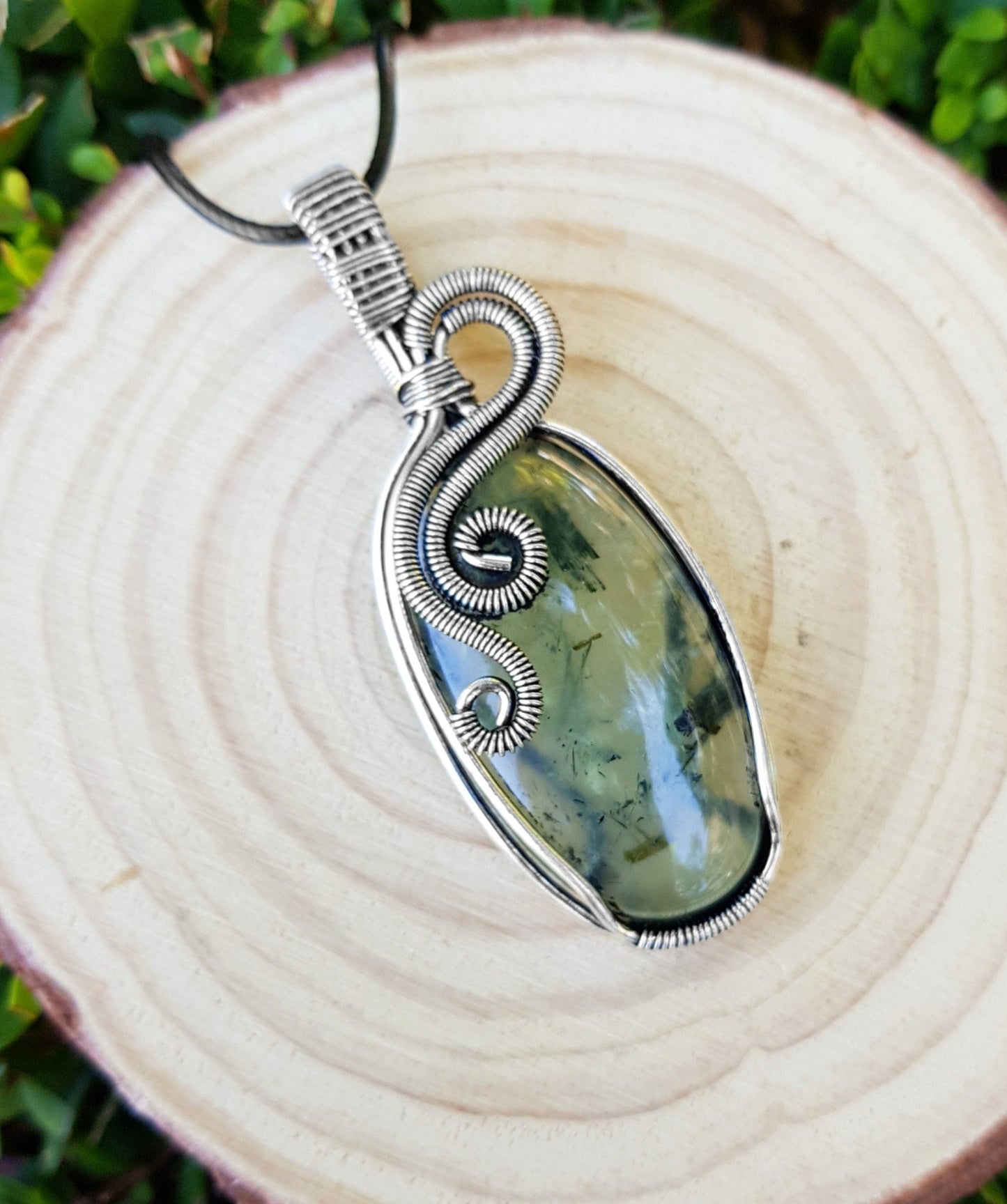 Prehnite Pendant Wire Wrapped Necklace In Sterling Silver One Of A Kind Handmade Jewellery - LunarGem - Charms & Pendants