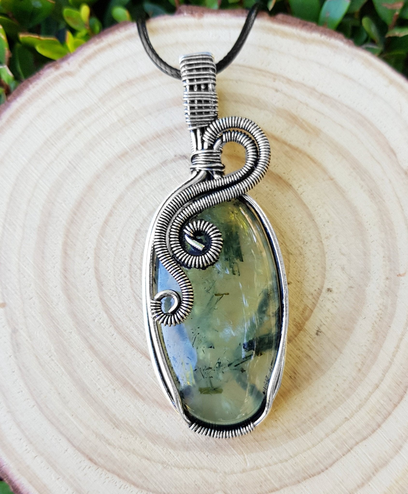 Prehnite Pendant Wire Wrapped Necklace In Sterling Silver One Of A Kind Handmade Jewellery - LunarGem - Charms & Pendants