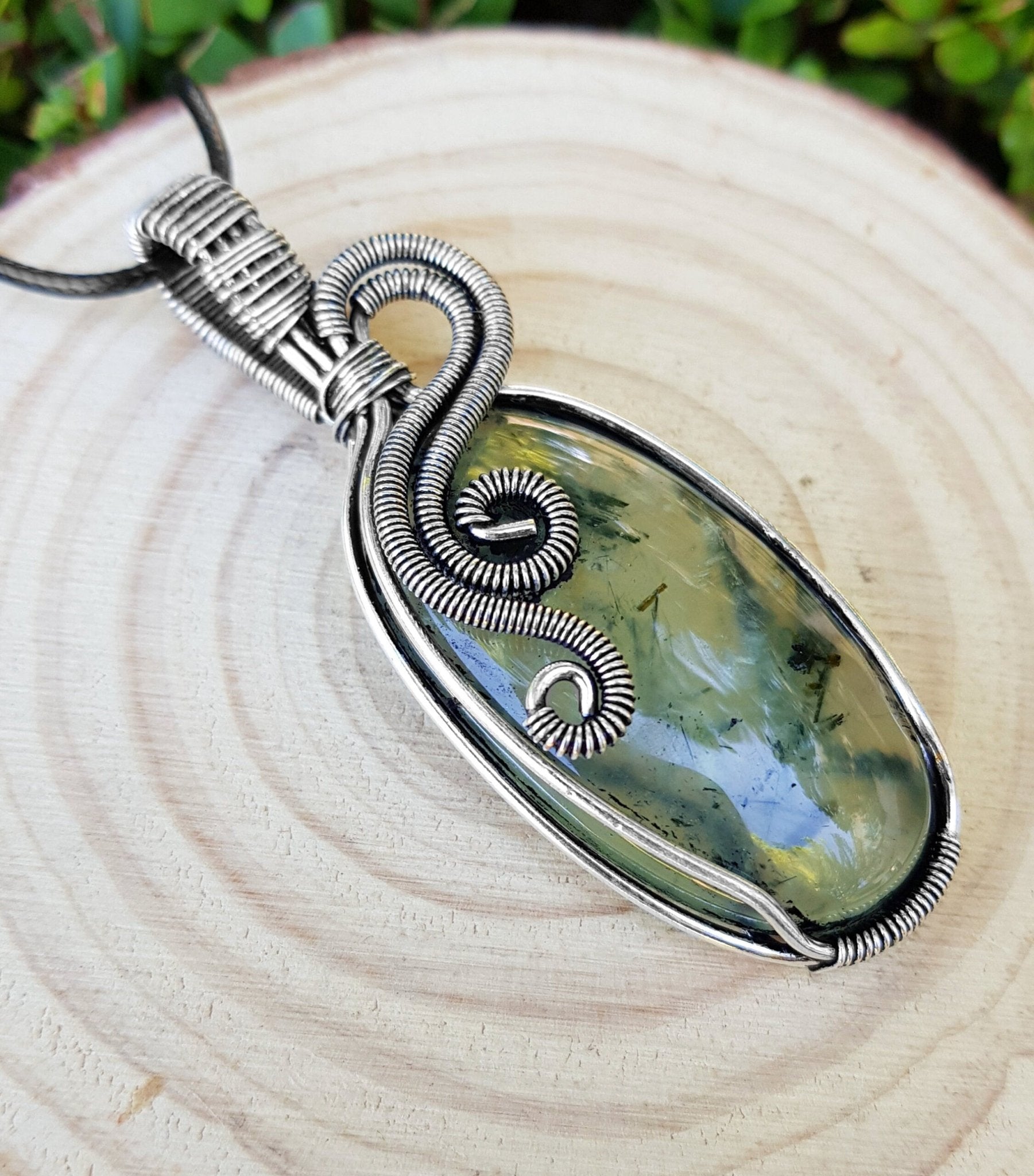 Prehnite Pendant Wire Wrapped Necklace In Sterling Silver One Of A Kind Handmade Jewellery - LunarGem - Charms & Pendants