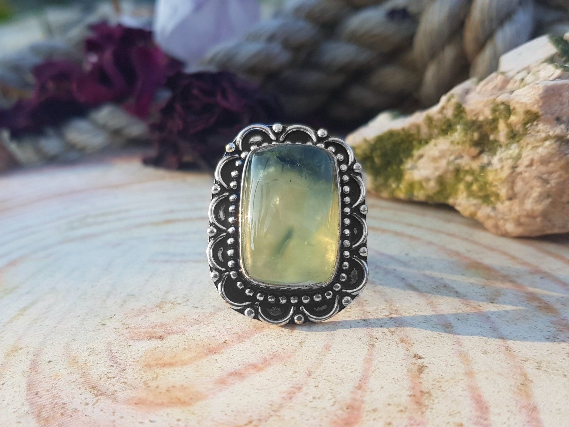 Prehnite Sterling Silver Ring - US Size 9 - Boho Statement Jewelry - LunarGem - 