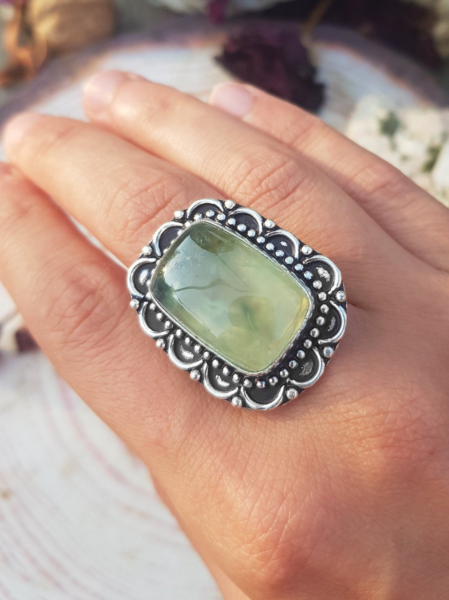 Prehnite Sterling Silver Ring - US Size 9 - Boho Statement Jewelry - LunarGem - 