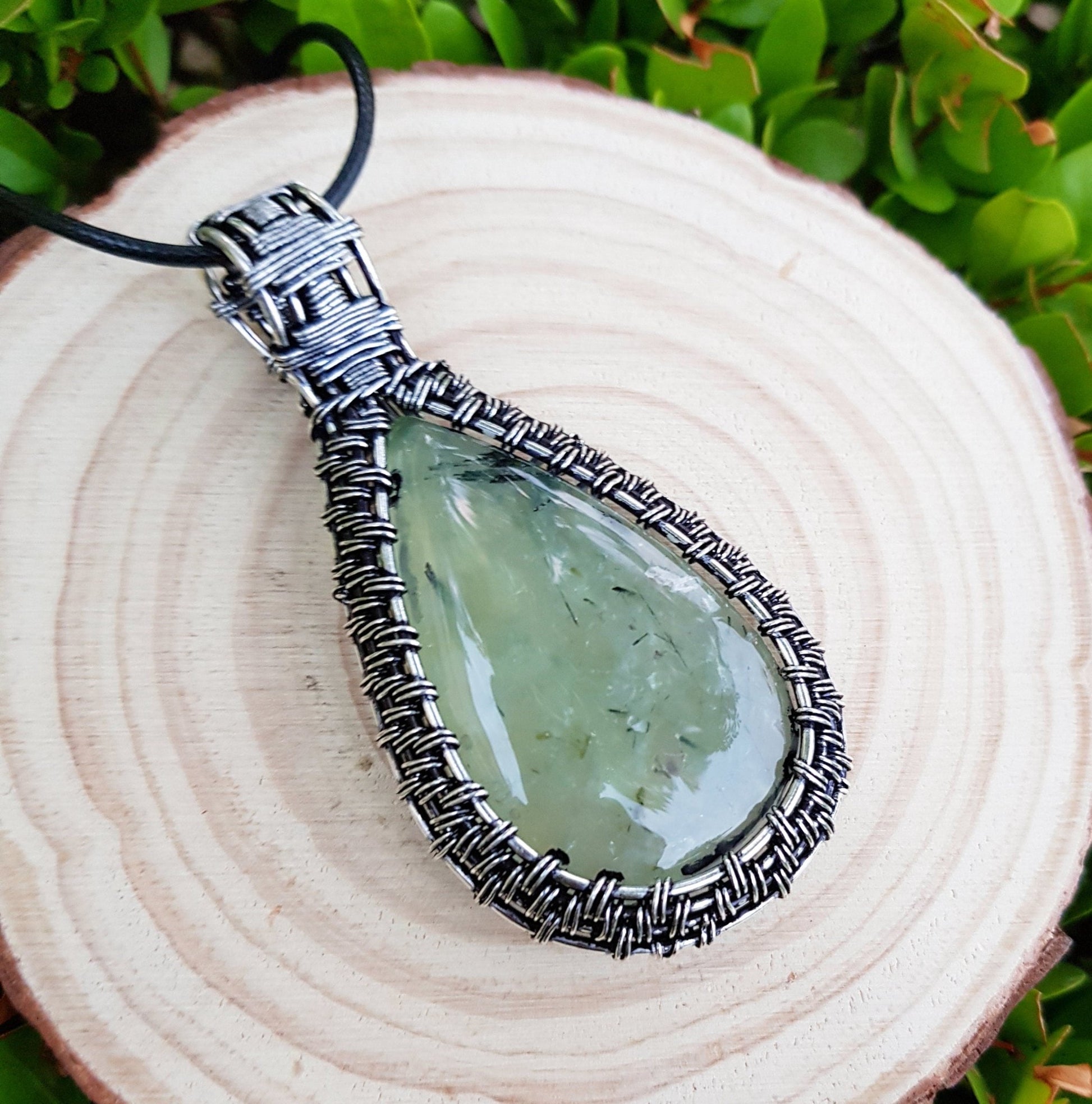 Prehnite Sterling Silver Wire Wrapped Pendant: Boho Statement Necklace - LunarGem - Charms & Pendants