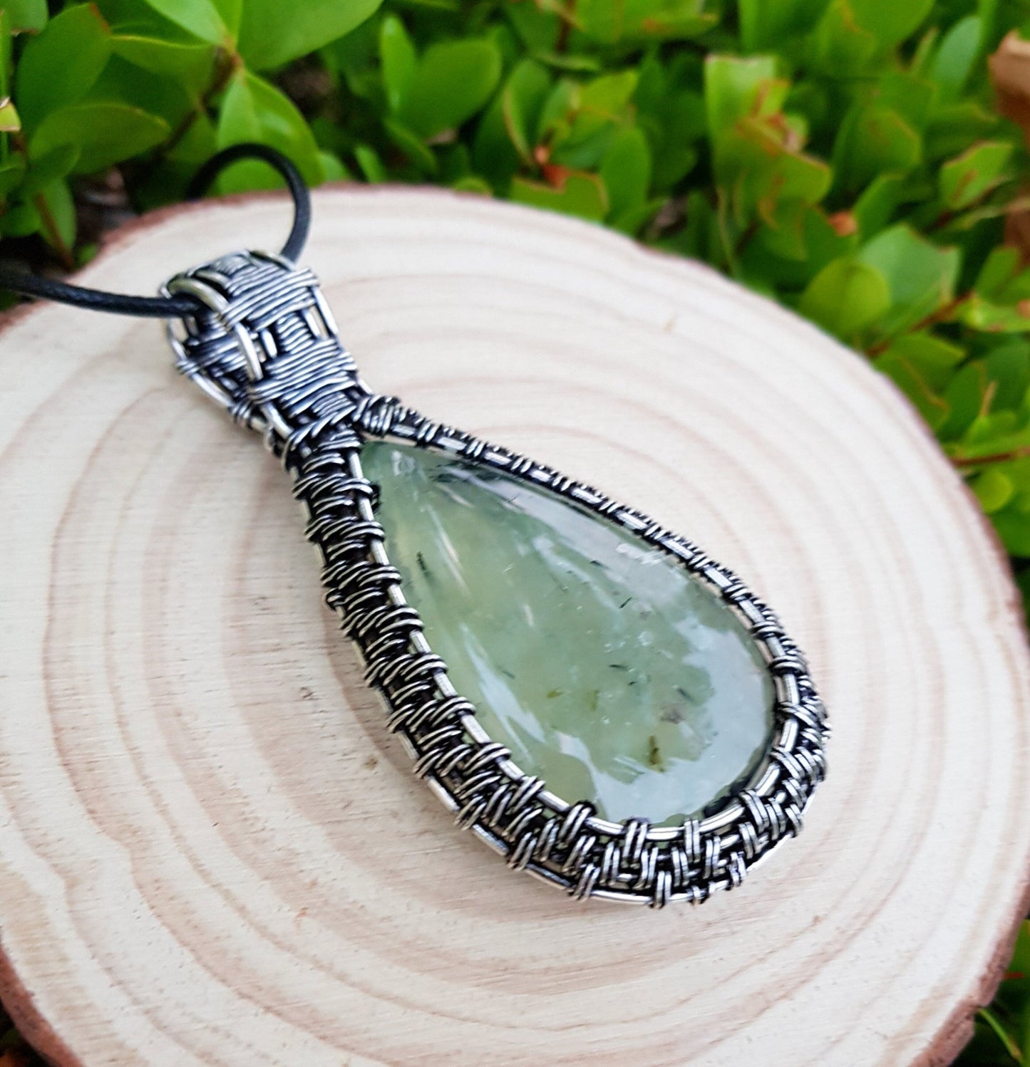 Prehnite Sterling Silver Wire Wrapped Pendant: Boho Statement Necklace - LunarGem - Charms & Pendants