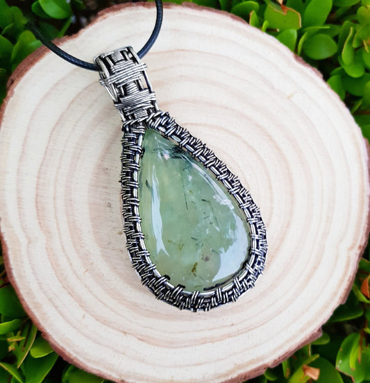 Prehnite Sterling Silver Wire Wrapped Pendant: Boho Statement Necklace - LunarGem - Charms & Pendants