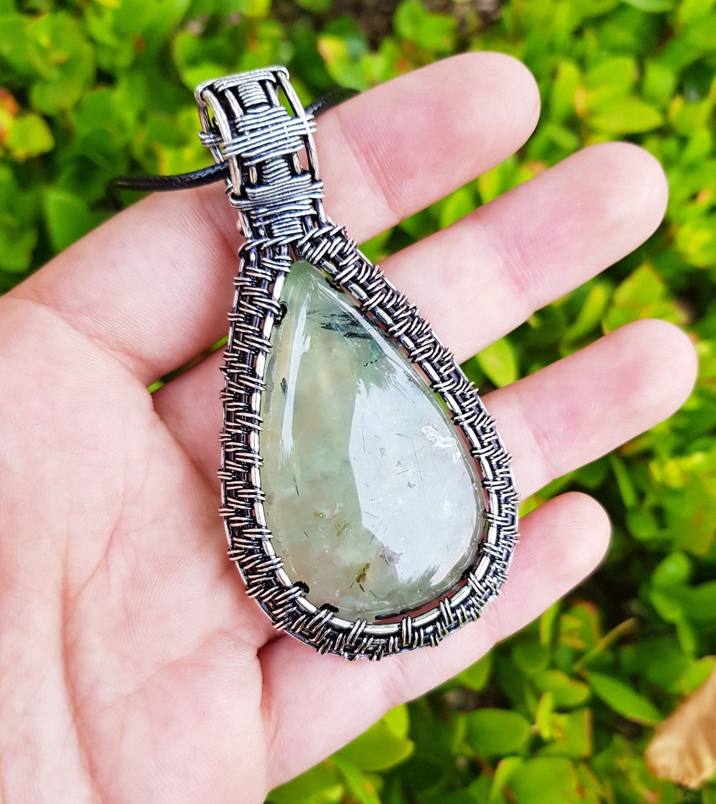 Prehnite Sterling Silver Wire Wrapped Pendant: Boho Statement Necklace - LunarGem - Charms & Pendants