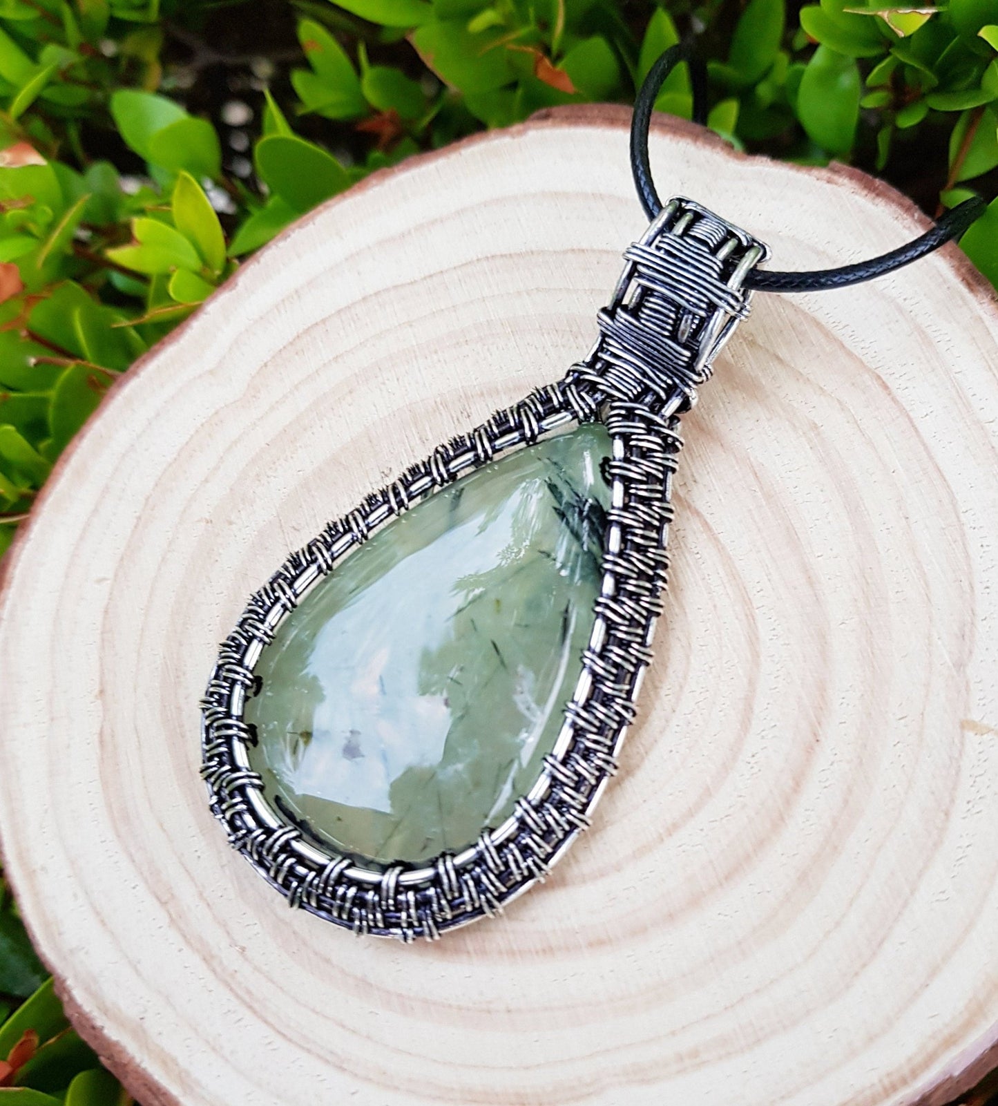 Prehnite Sterling Silver Wire Wrapped Pendant: Boho Statement Necklace - LunarGem - Charms & Pendants