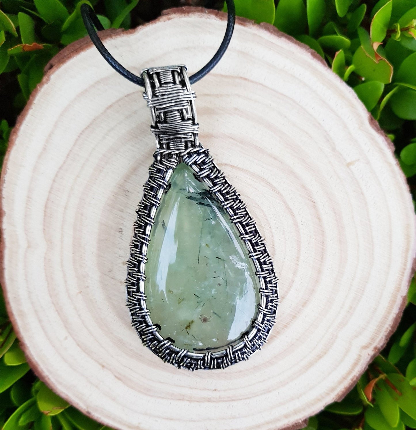 Prehnite Sterling Silver Wire Wrapped Pendant: Boho Statement Necklace - LunarGem - Charms & Pendants