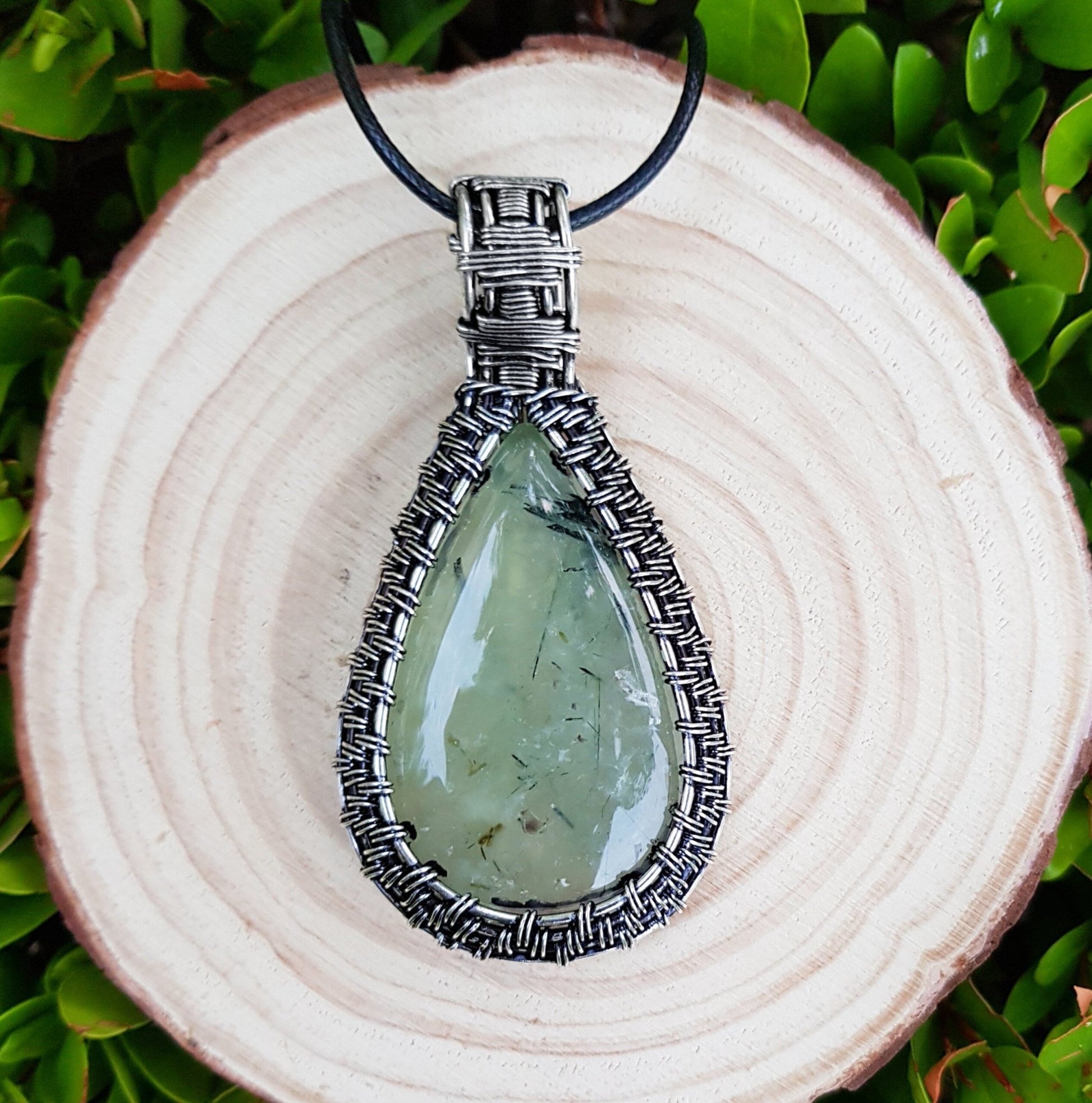 Prehnite Sterling Silver Wire Wrapped Pendant: Boho Statement Necklace - LunarGem - Charms & Pendants