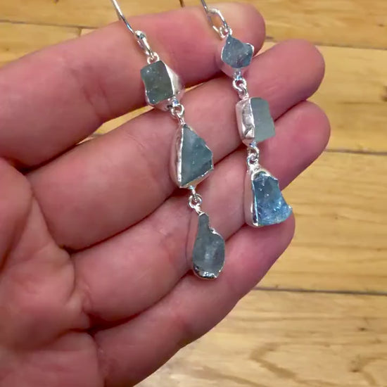 Raw Aquamarine Dangle Earrings, Sterling Silver, Rough Natural Gemstone, March Birthstone