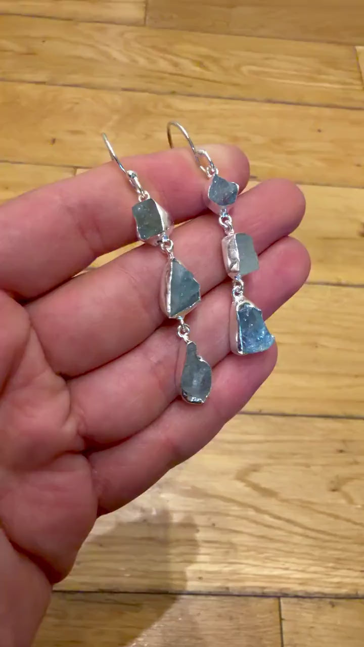 Raw Aquamarine Dangle Earrings, Sterling Silver, Rough Natural Gemstone, March Birthstone