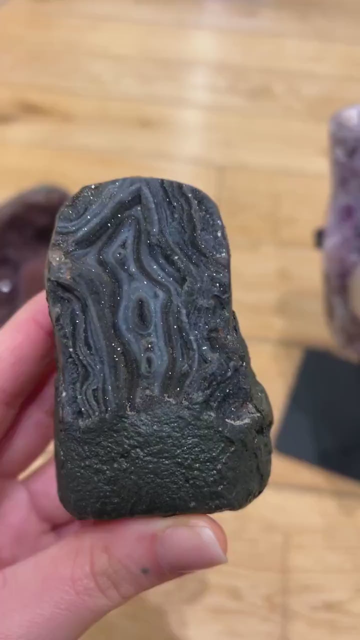 Banded Chalcedony Agate with Natural Volcanic Matrix & Druzy Quartz, One of a Kind Geological Display Stone, Collector Specimen