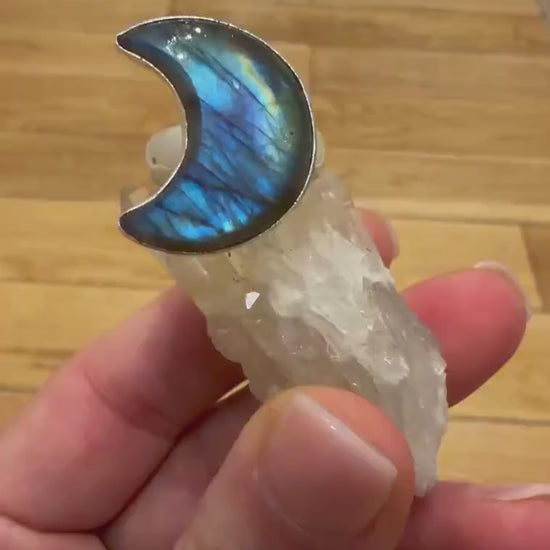 Crescent Moon Labradorite Ring, Sterling Silver Boho Jewelry