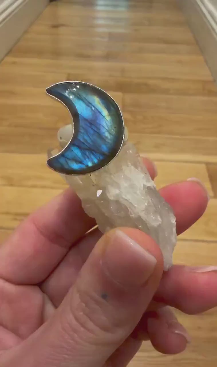 Crescent Moon Labradorite Ring, Sterling Silver Boho Jewelry