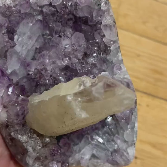 Large Amethyst with Calcite Point on Display Stand, 2.66 lb / 1209 g Mineral Specimen