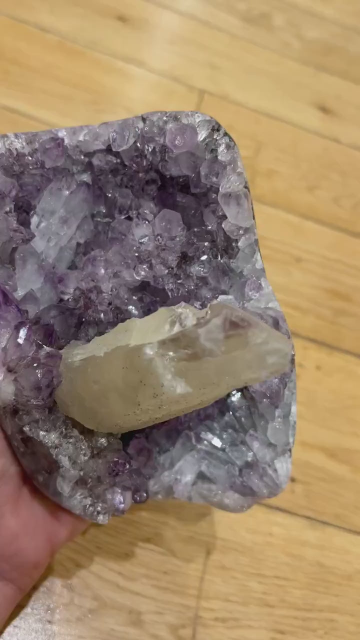 Large Amethyst with Calcite Point on Display Stand, 2.66 lb / 1209 g Mineral Specimen