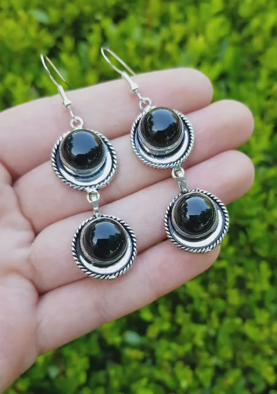 Black Onyx Earrings In Sterling Silver Dangle Statement Earrings Boho Ethnic Earrings Gem Stone Earrings GypsyJewelry