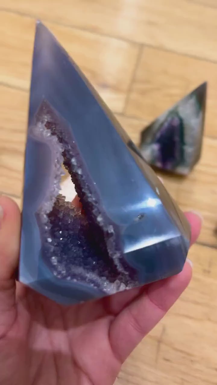 Banded Agate Druzy Tower, Quartz Crystal Point, Polished Agate Geode, One of a Kind Crystal Decor Healing Stone