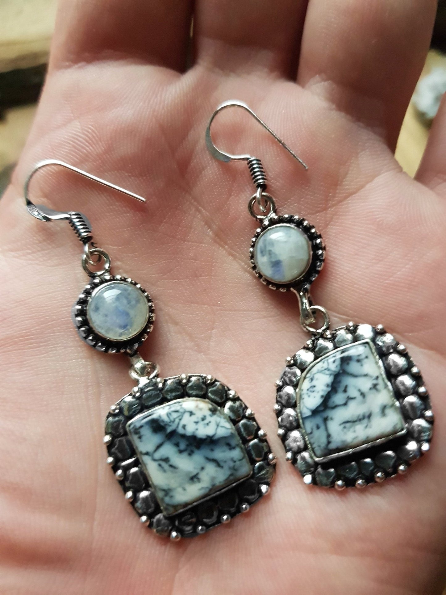 Rainbow Moonstone And Dendritic Opal Earrings In Sterling Silver Crystal Earrings - LunarGem - 