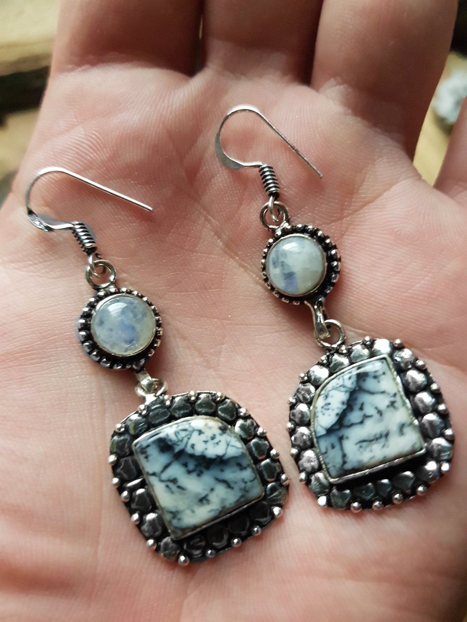 Rainbow Moonstone And Dendritic Opal Earrings In Sterling Silver Crystal Earrings - LunarGem - 