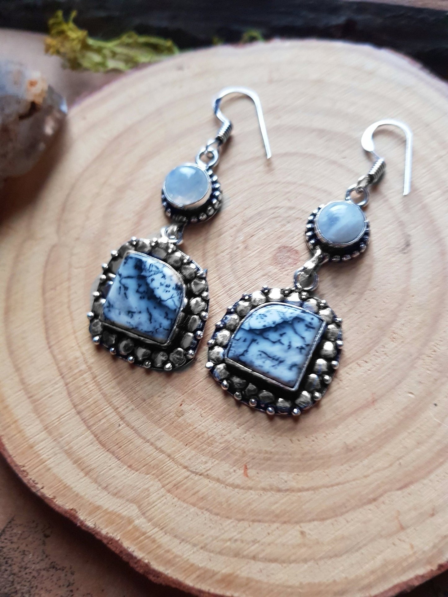 Rainbow Moonstone And Dendritic Opal Earrings In Sterling Silver Crystal Earrings - LunarGem - 