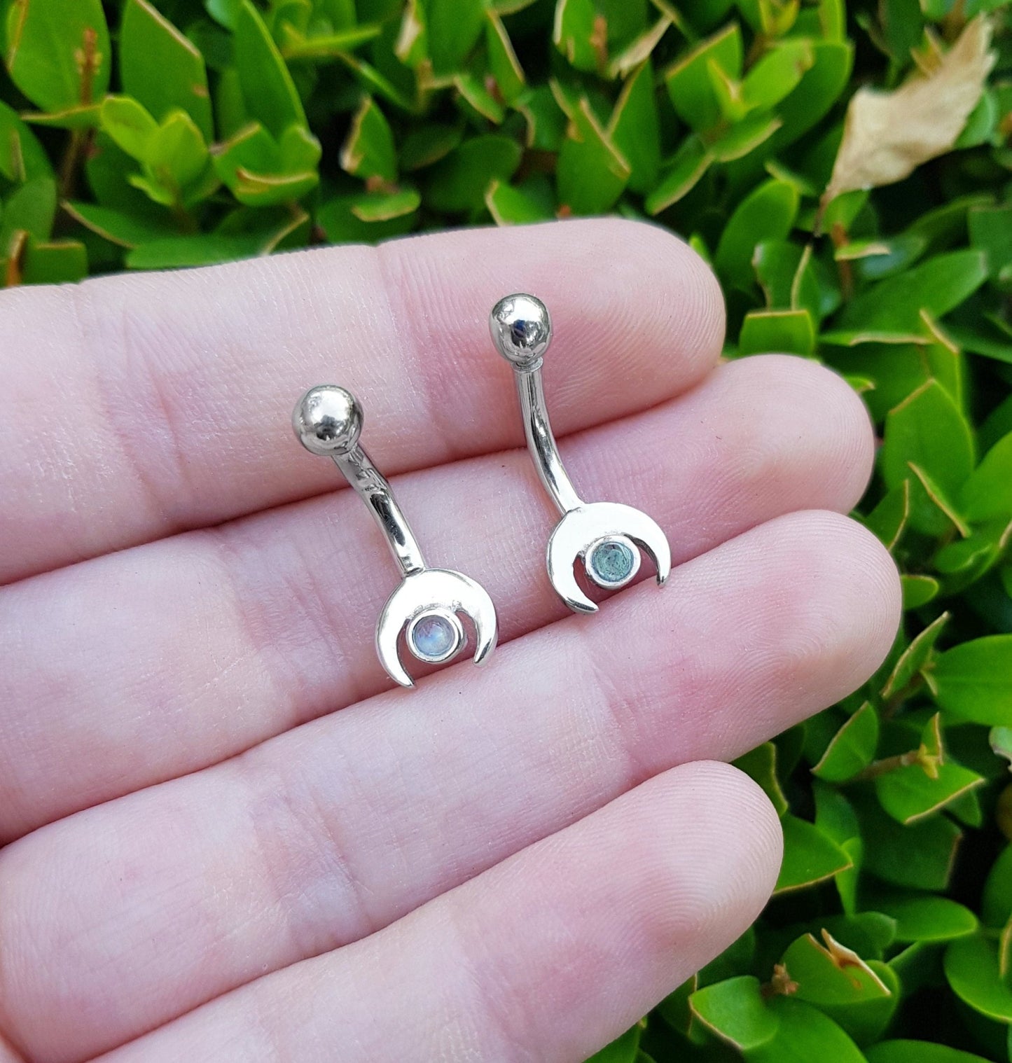 Rainbow Moonstone Belly Ring, Sterling Silver, Boho Celestial Navel Jewelry - LunarGem - Body Jewelry