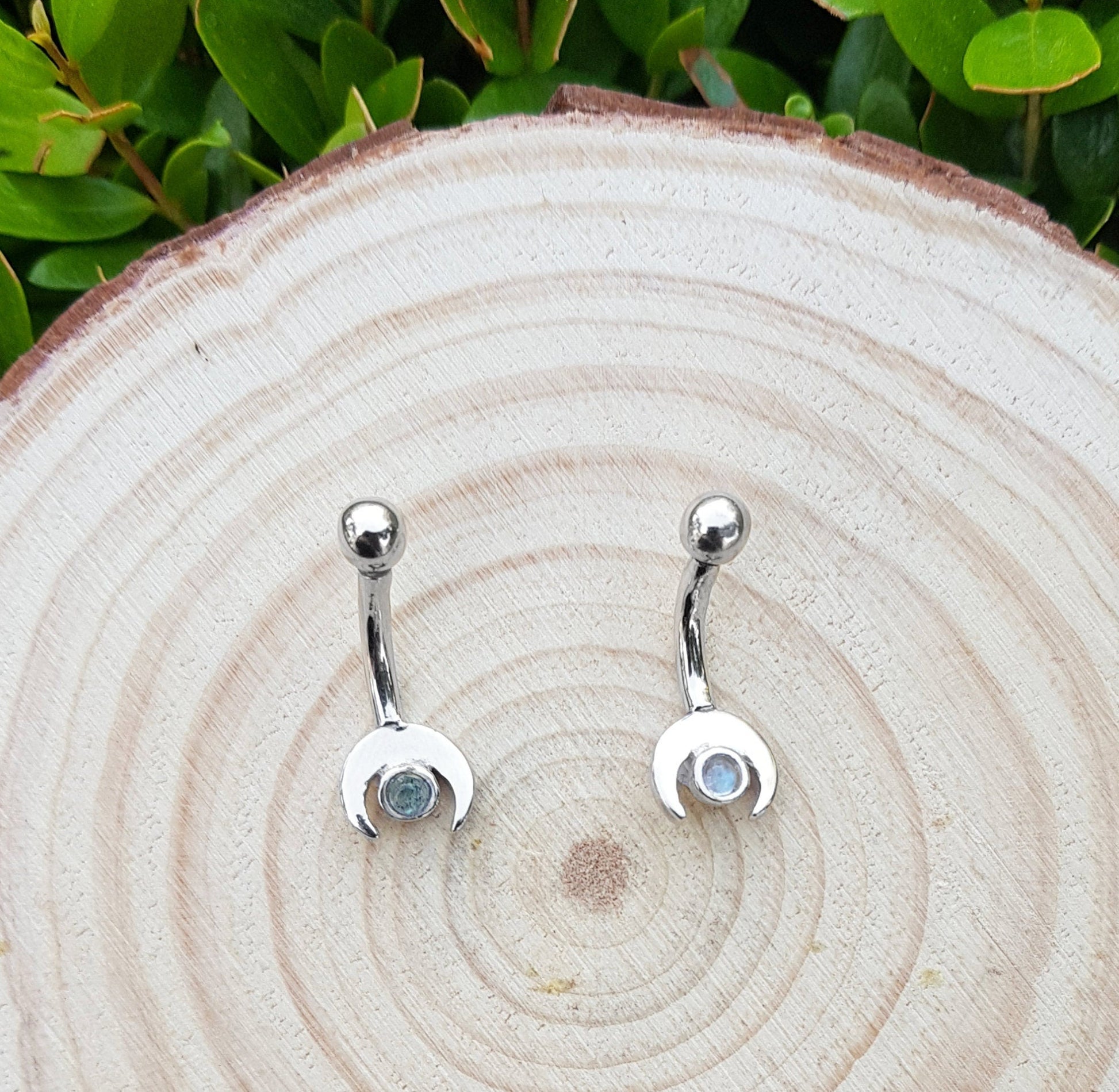 Rainbow Moonstone Belly Ring, Sterling Silver, Boho Celestial Navel Jewelry - LunarGem - Body Jewelry