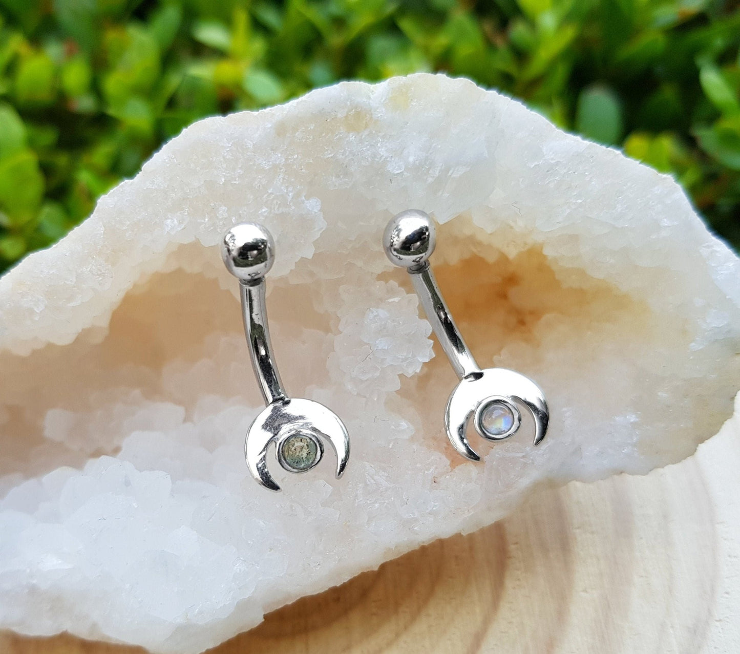 Rainbow Moonstone Belly Ring, Sterling Silver, Boho Celestial Navel Jewelry - LunarGem - Body Jewelry