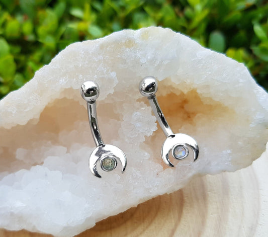 Rainbow Moonstone Belly Ring, Sterling Silver, Boho Celestial Navel Jewelry - LunarGem - Body Jewelry