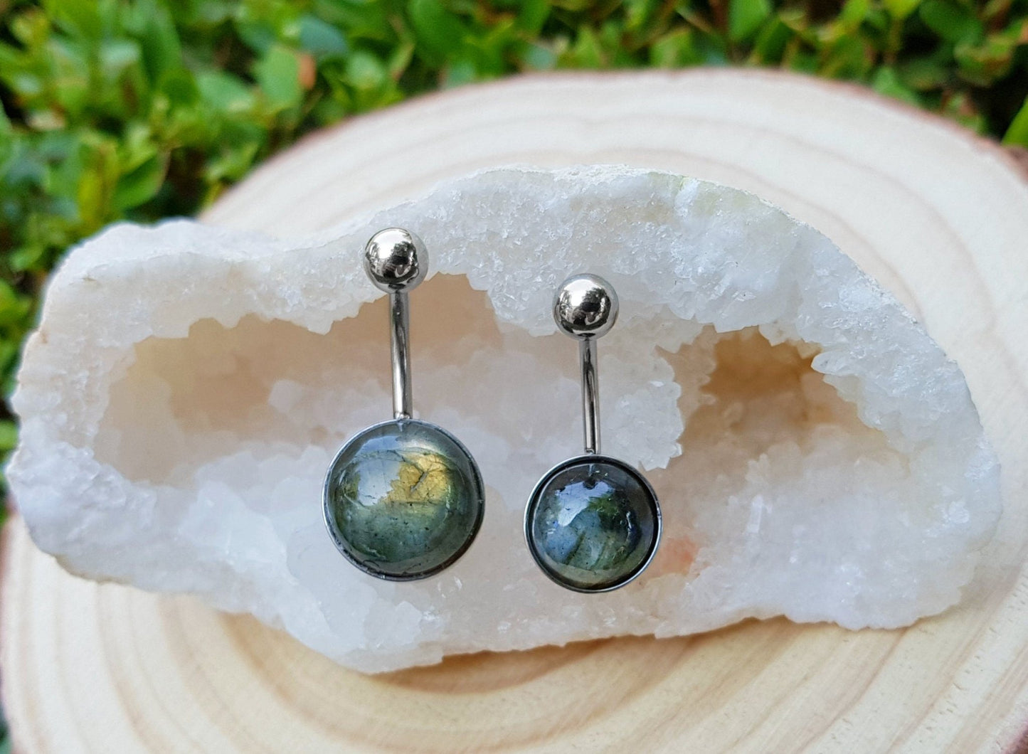 Rainbow Moonstone Belly Ring: Surgical Steel Boho Belly Bar - LunarGem - Body Jewelry