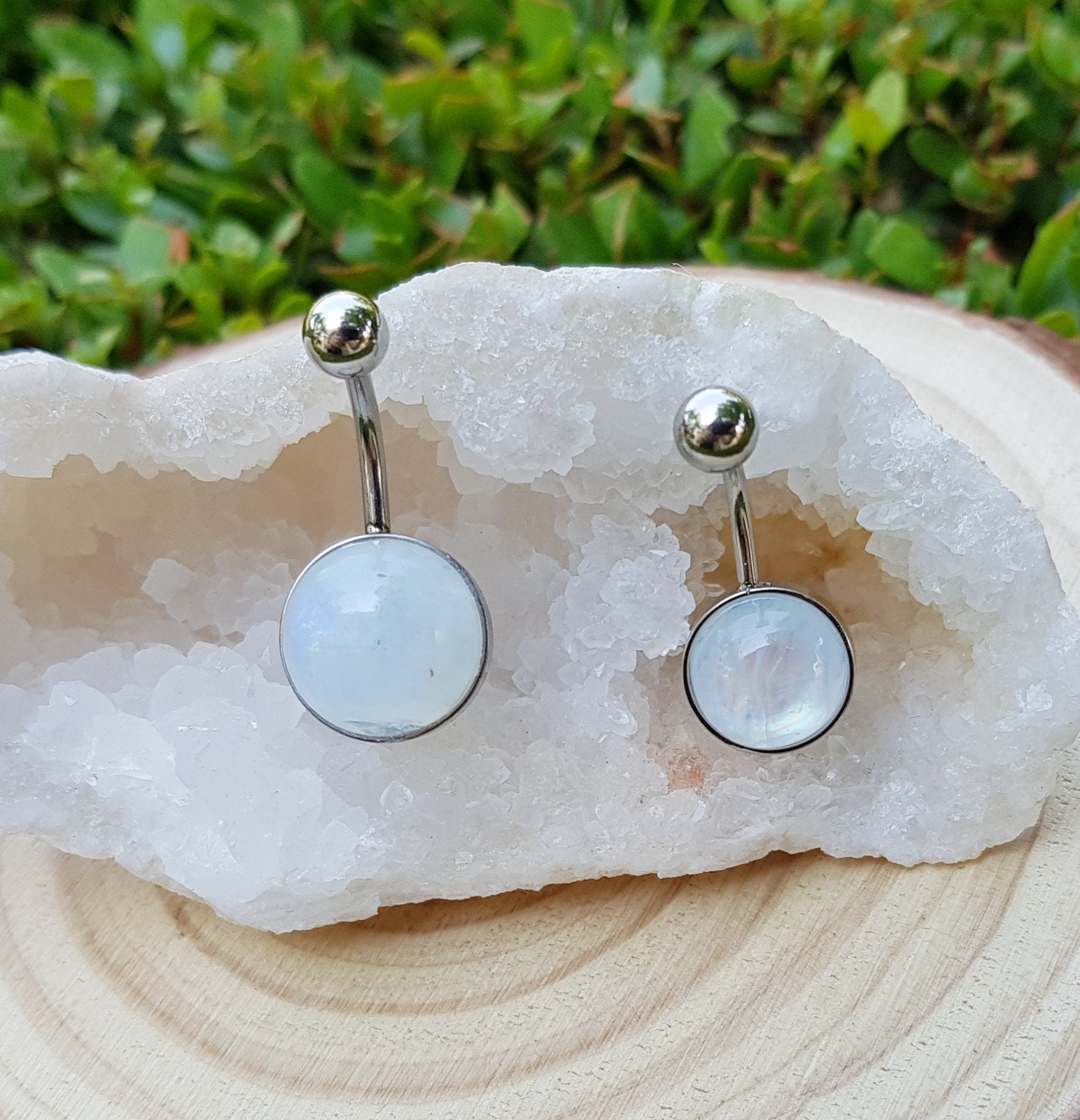 Rainbow Moonstone Belly Ring: Surgical Steel Boho Belly Bar - LunarGem - Body Jewelry