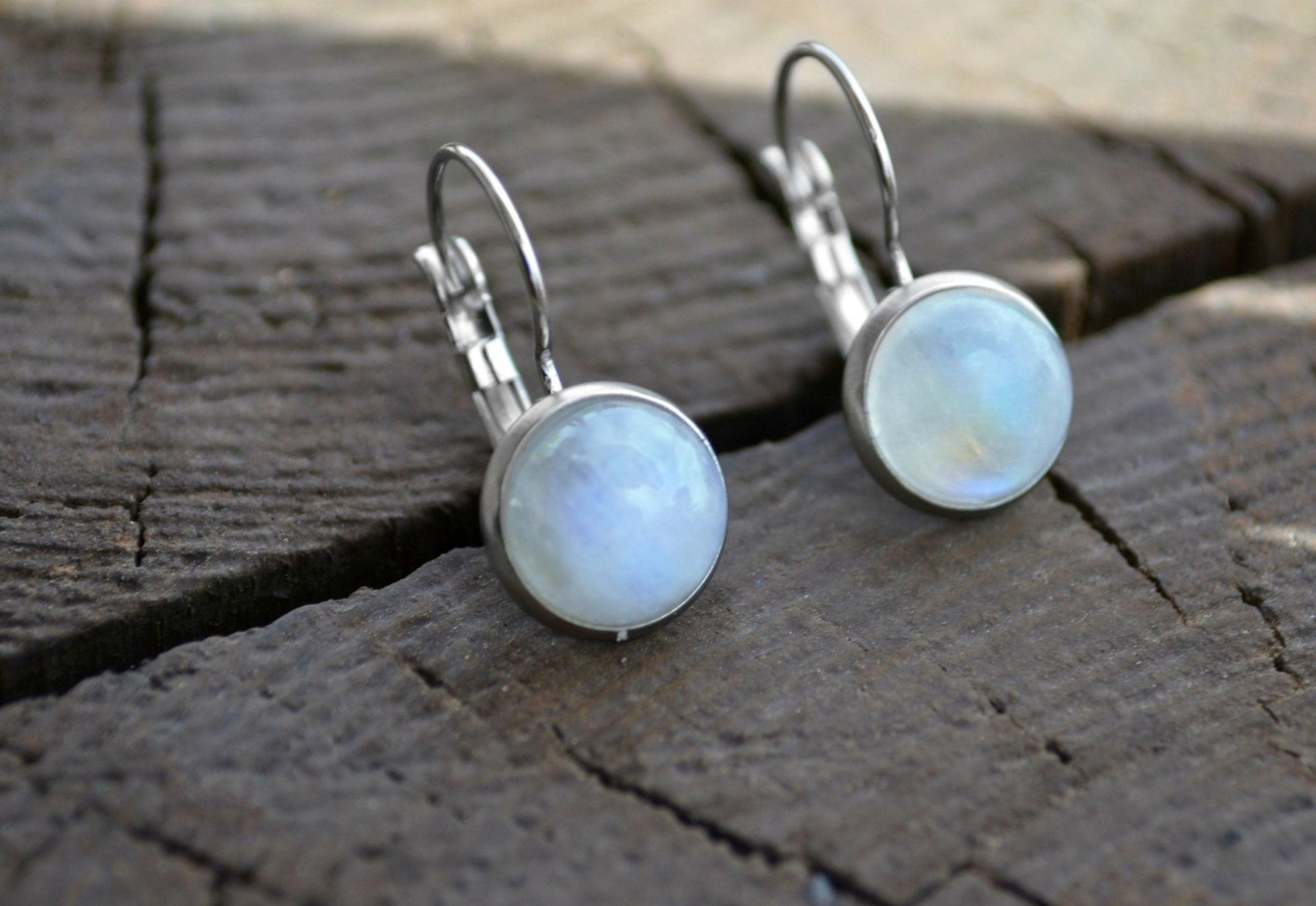 Rainbow Moonstone Dangle Earrings: Stainless Steel Leverback, June Birthstone - LunarGem - Earrings