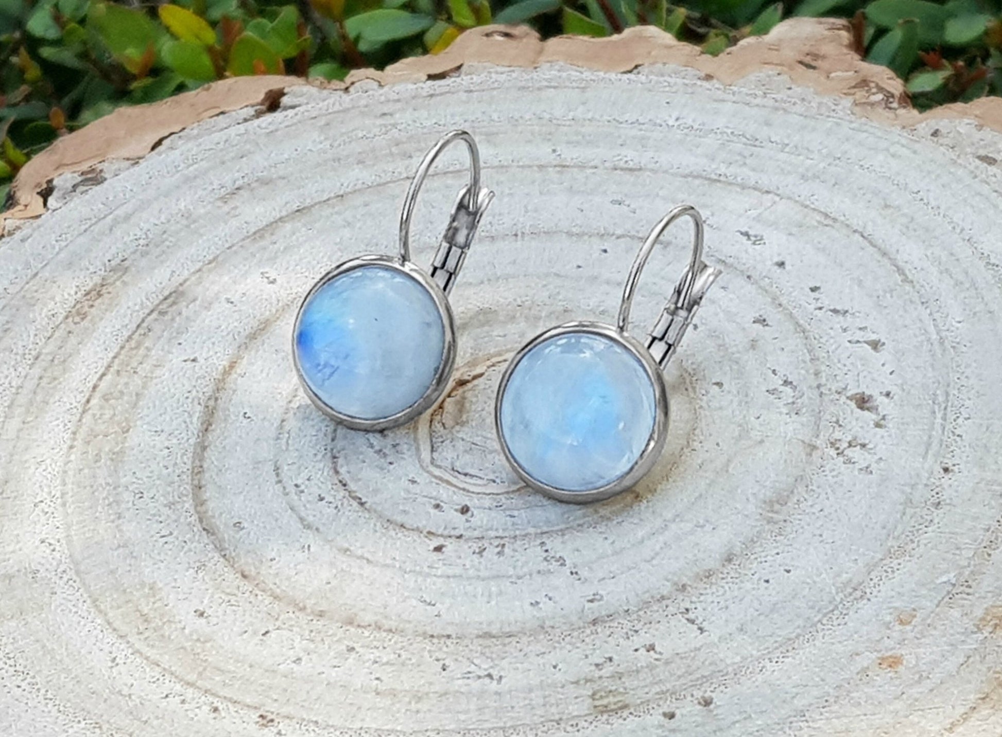 Rainbow Moonstone Dangle Earrings: Stainless Steel Leverback, June Birthstone - LunarGem - Earrings
