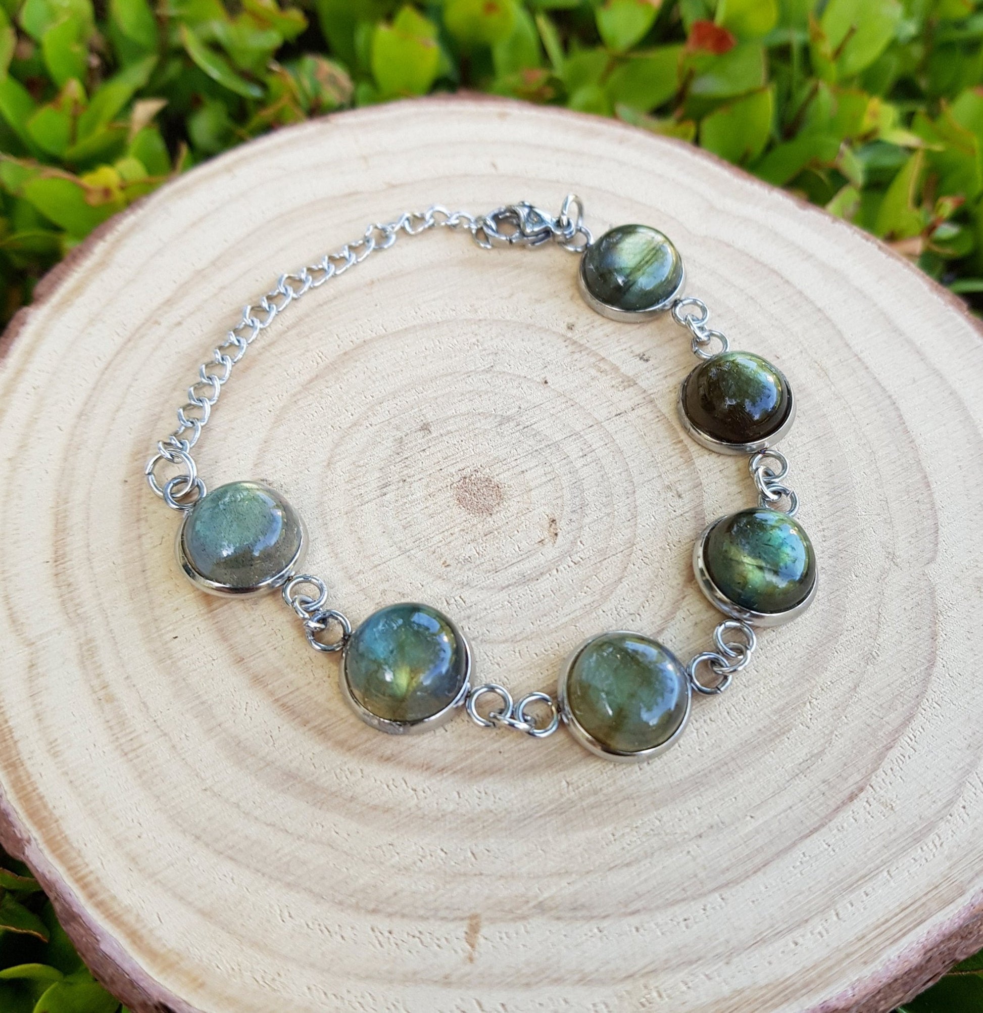 Rainbow Moonstone Labradorite Bracelet In Surgical Stainless Steel Adjustable Bracelet - LunarGem - Bracelets