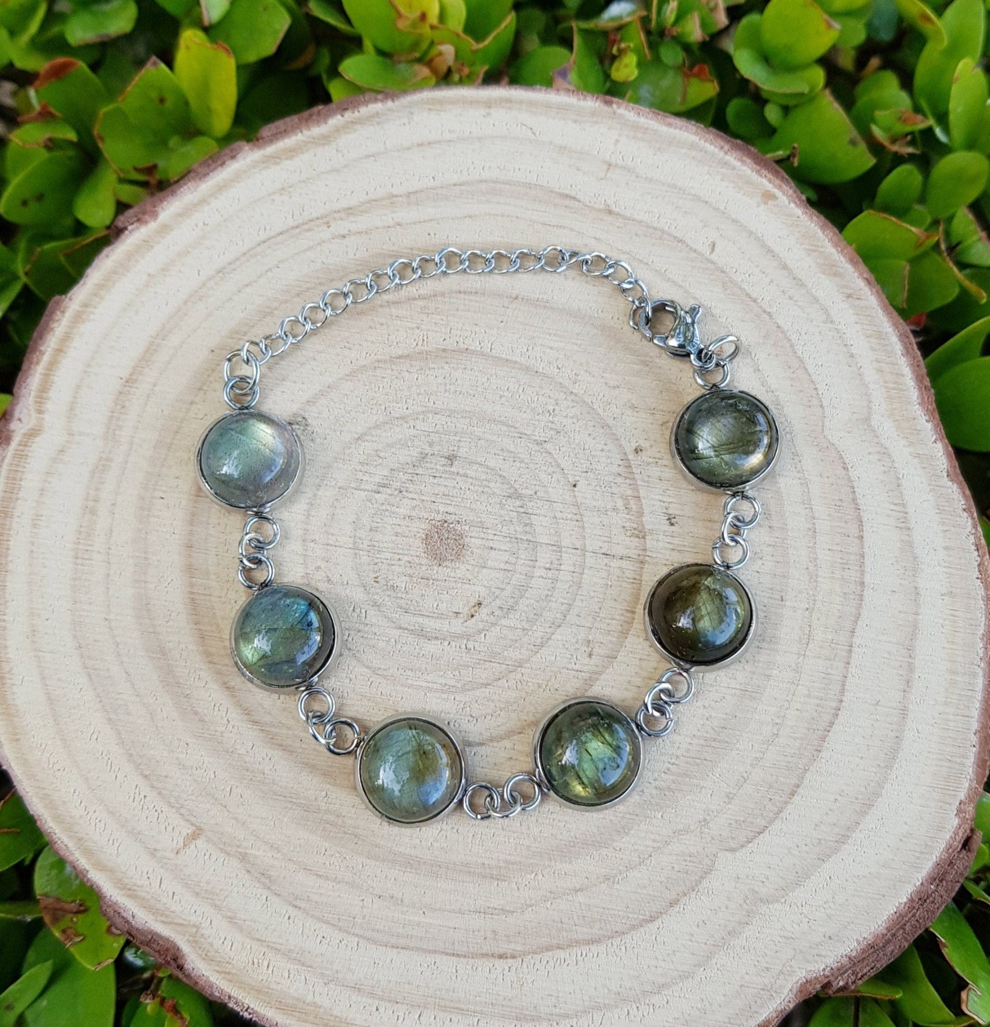 Rainbow Moonstone Labradorite Bracelet In Surgical Stainless Steel Adjustable Bracelet - LunarGem - Bracelets