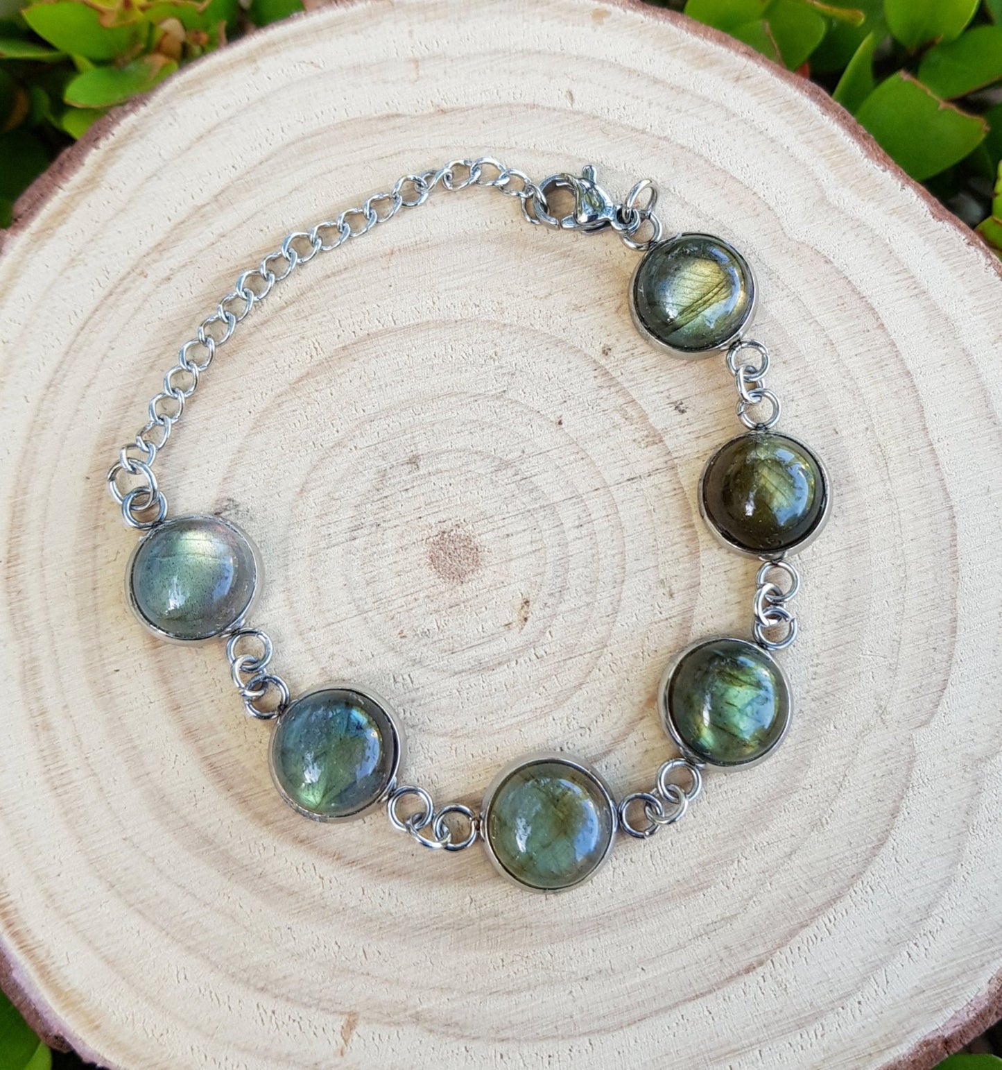 Rainbow Moonstone Labradorite Bracelet In Surgical Stainless Steel Adjustable Bracelet - LunarGem - Bracelets