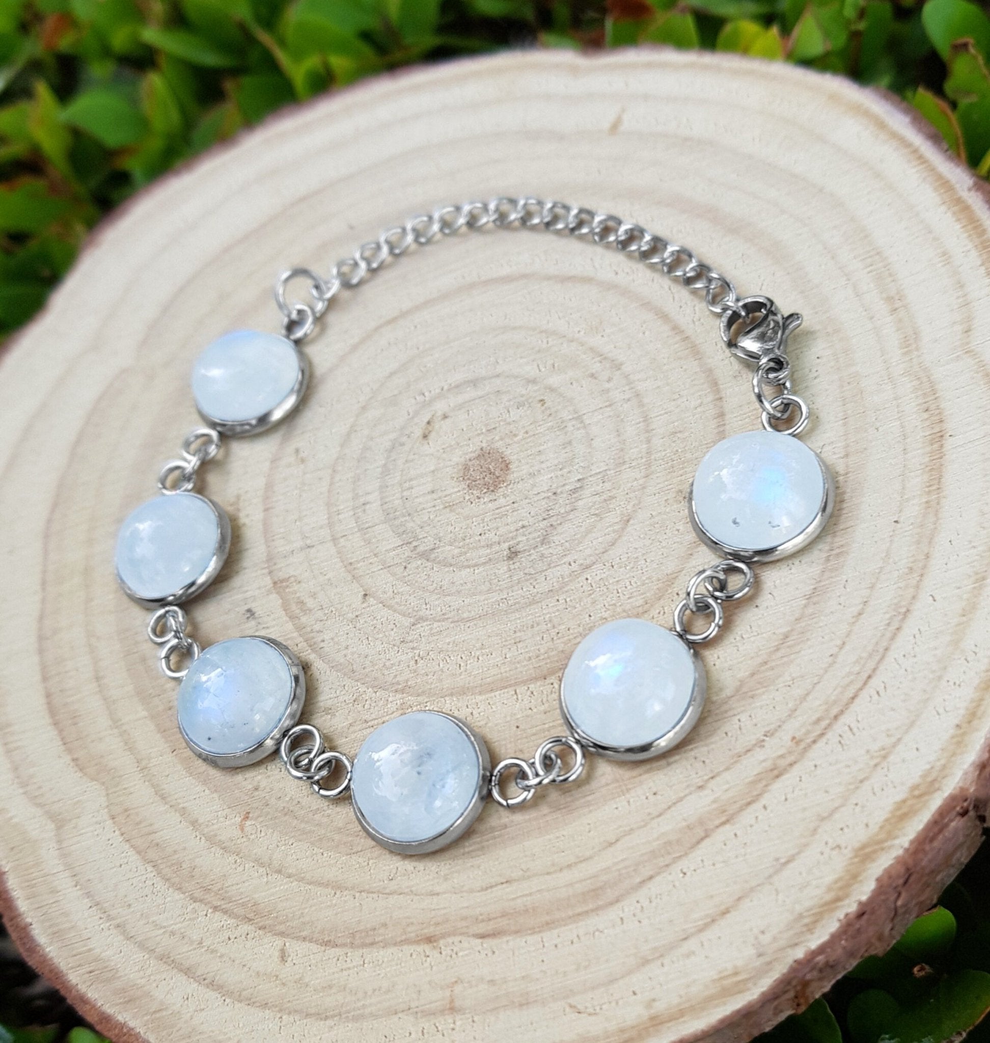 Rainbow Moonstone Labradorite Bracelet In Surgical Stainless Steel Adjustable Bracelet - LunarGem - Bracelets