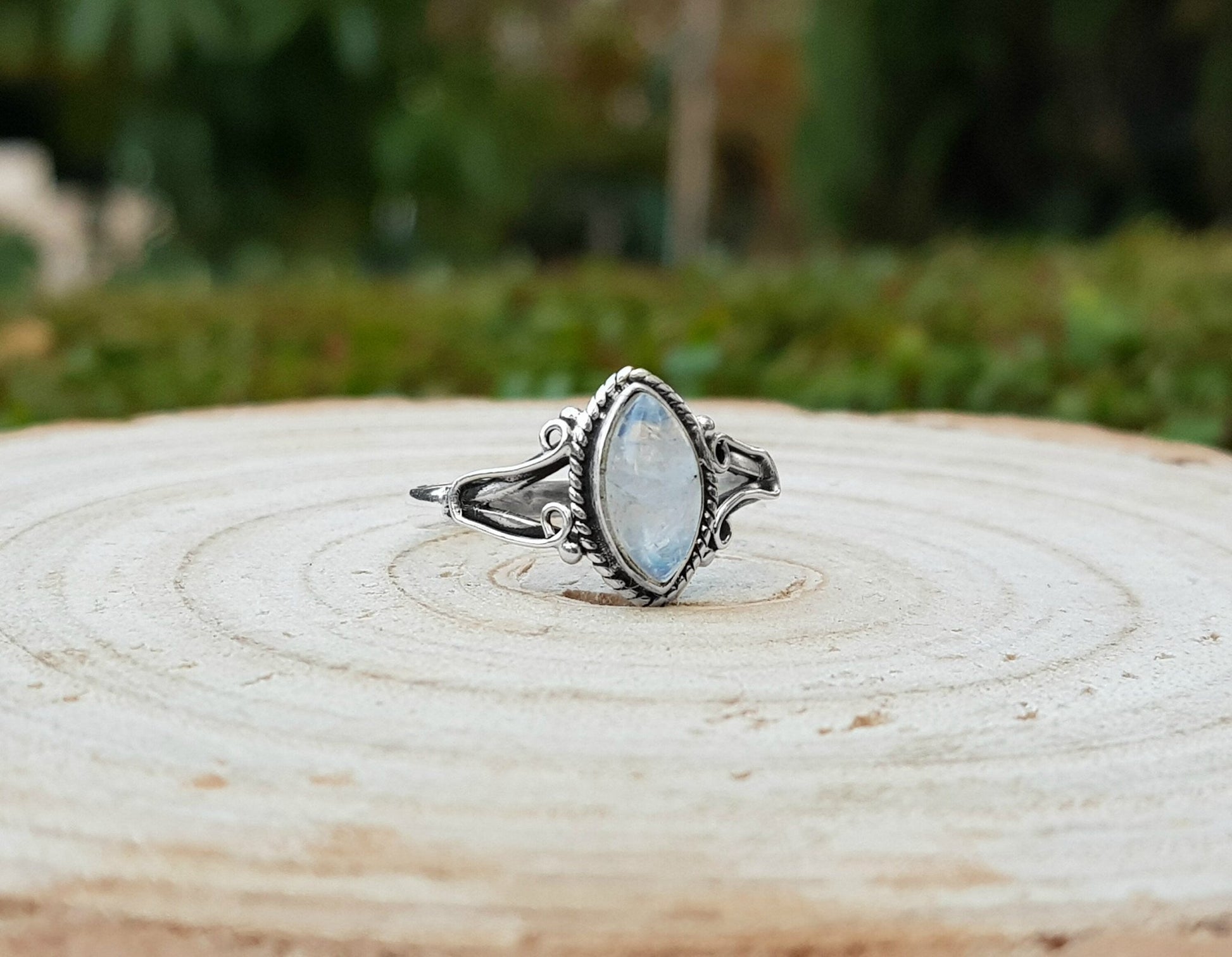 Rainbow Moonstone Marquise Ring: 925 Sterling Silver Swirl Statement Ring - LunarGem - Rings