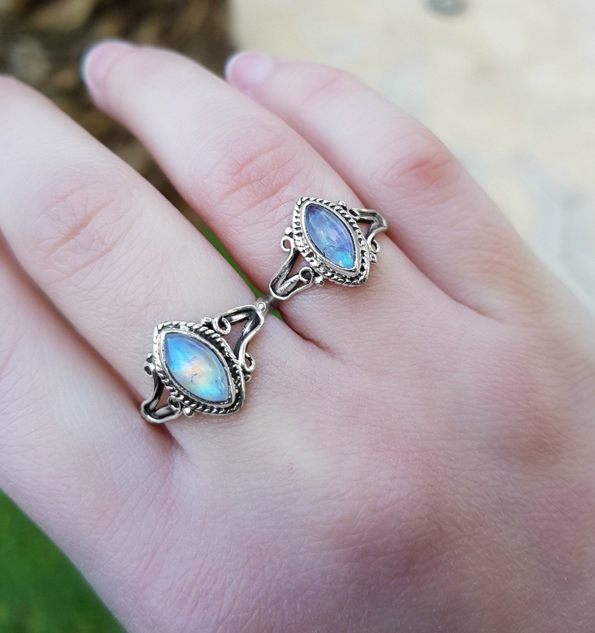 Rainbow Moonstone Marquise Ring: 925 Sterling Silver Swirl Statement Ring - LunarGem - Rings
