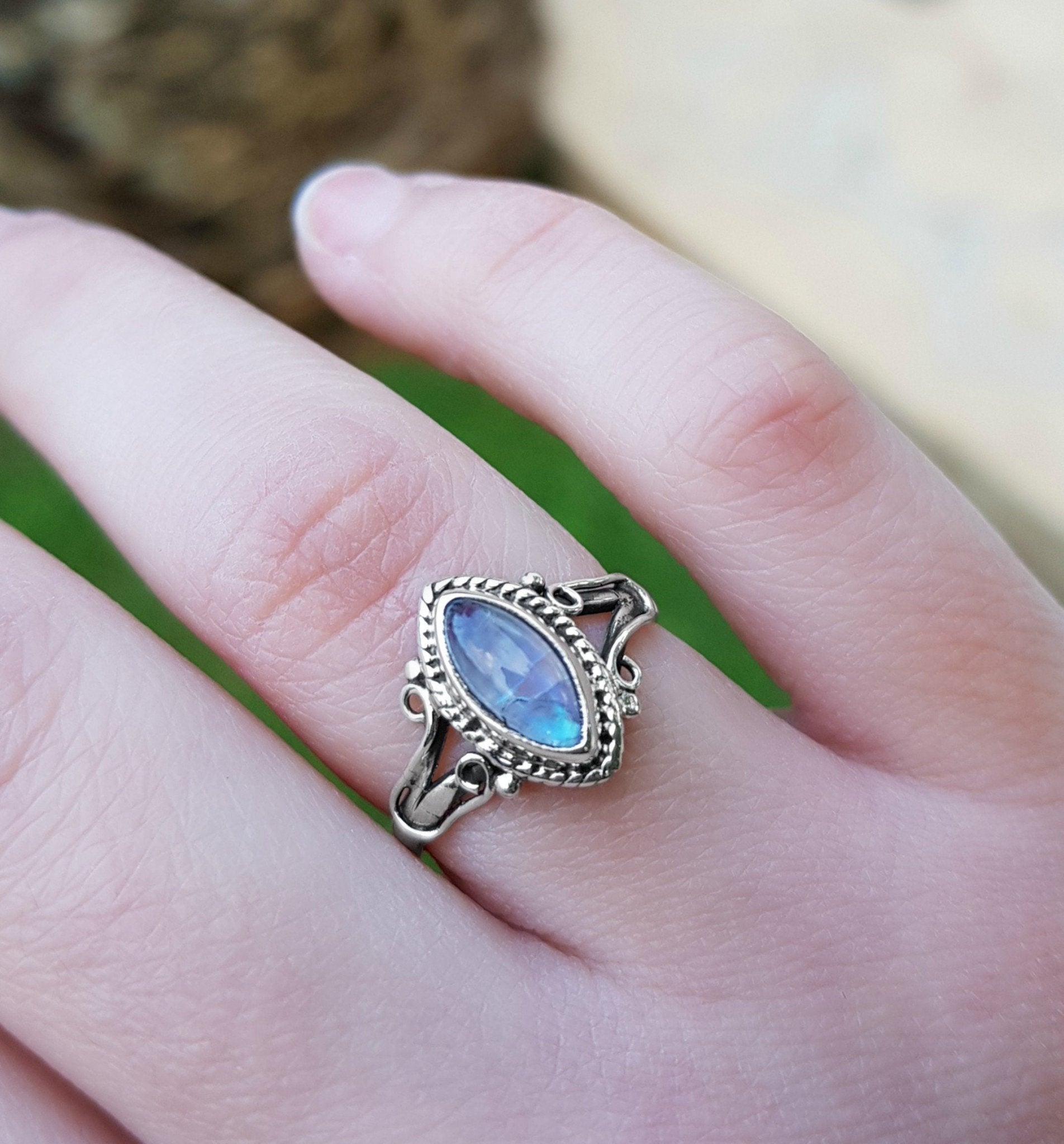 Rainbow Moonstone Marquise Ring: 925 Sterling Silver Swirl Statement Ring - LunarGem - Rings